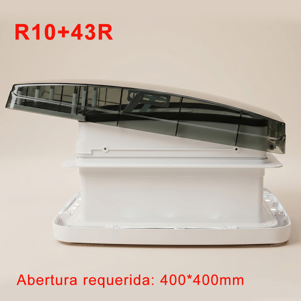 Ventilador RV 12V – 10 vel. reversible + mando – 1200 m³/h – Motor DC silencioso – Luz LED 3 colores – Tamaño 400x400 – Certificaciones 43R R10