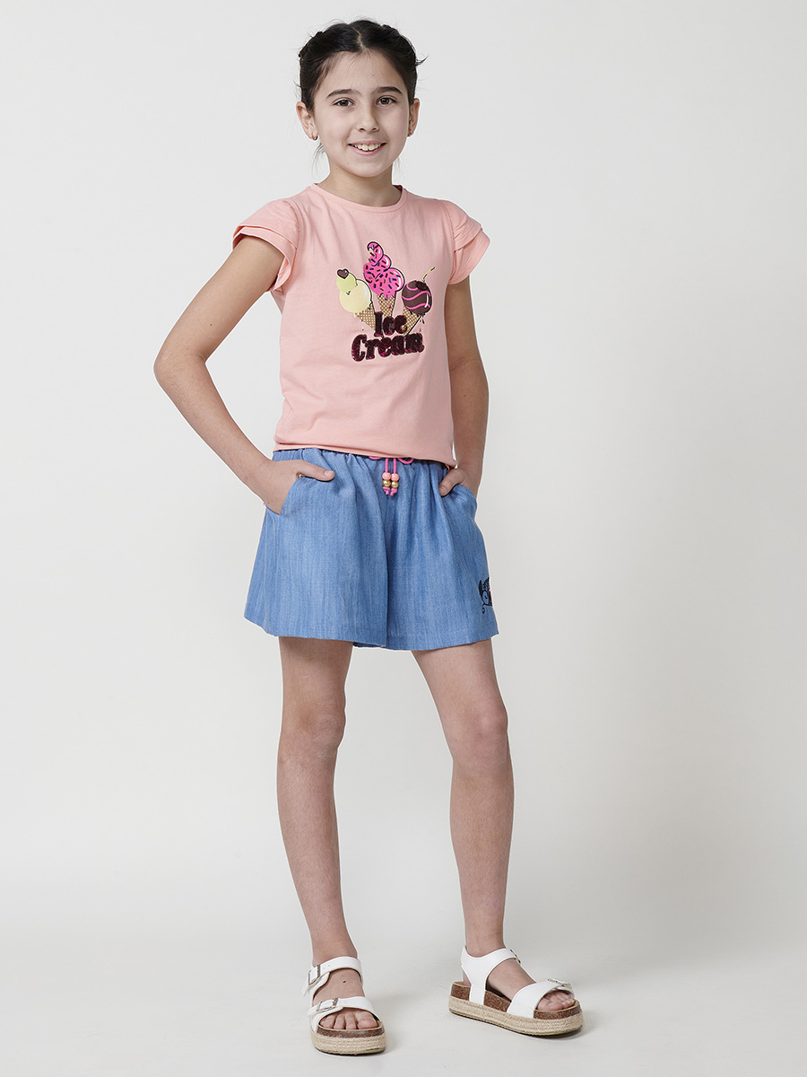 Koroshi - Top niña manga corta con estampado de helados y lentejuelas reversibles, punto de algodón elástico (95% algodón, 5% elastano), color naranja, para verano y juegos con amigas