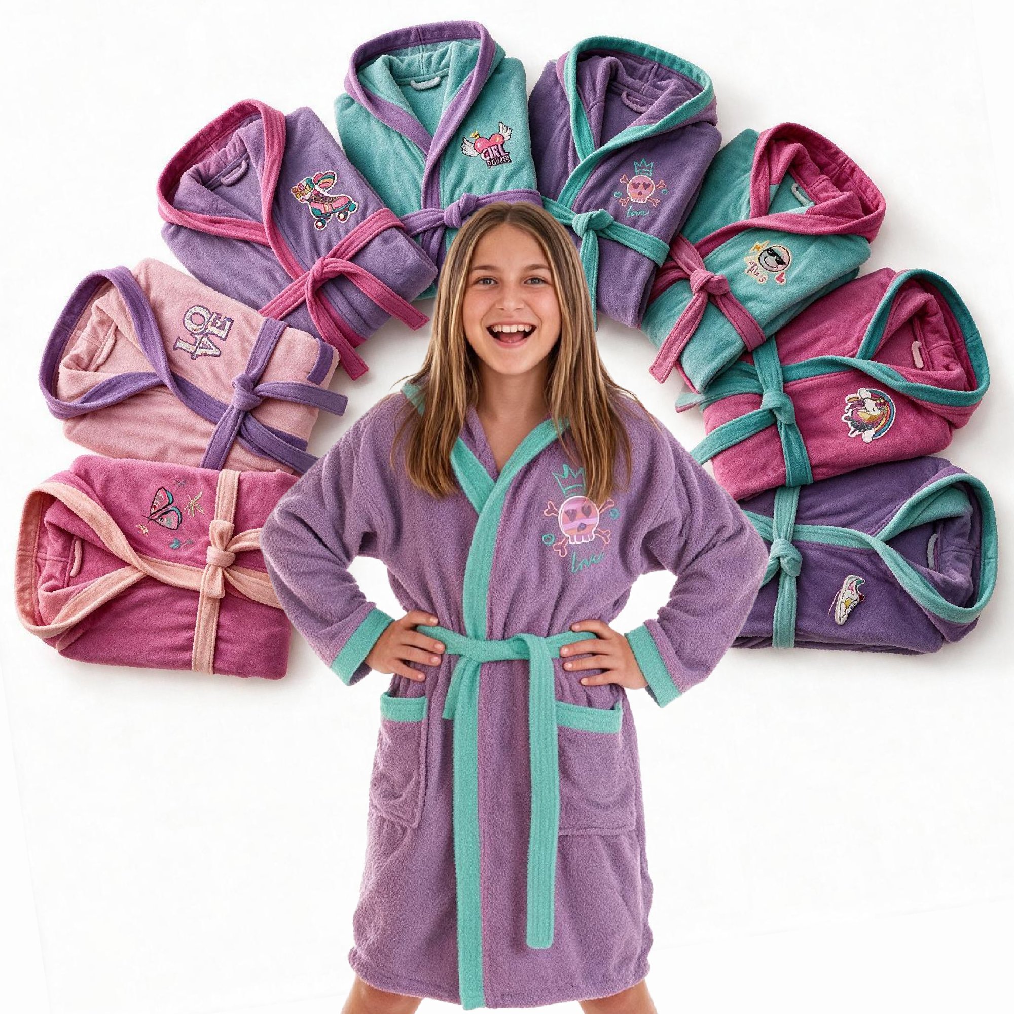 Albornoz infantil niña 100% algodón con capucha y bordado Ultra suave y absorbente - STILIA