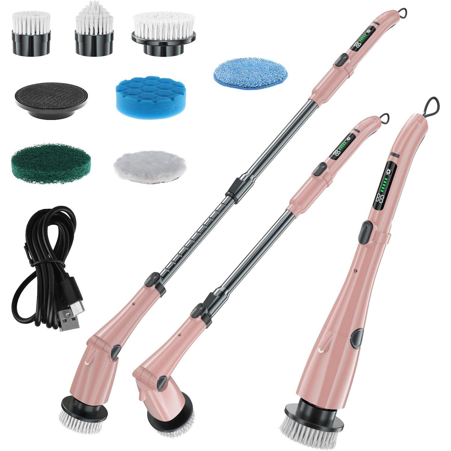 Limpiador eléctrico giratorio, IPX7, cepillo limpiador de baño impermeable, limpiador de ducha inalámbrico con 7 cabezales de repuesto y mango de extensión ajustable, suministros de limpieza