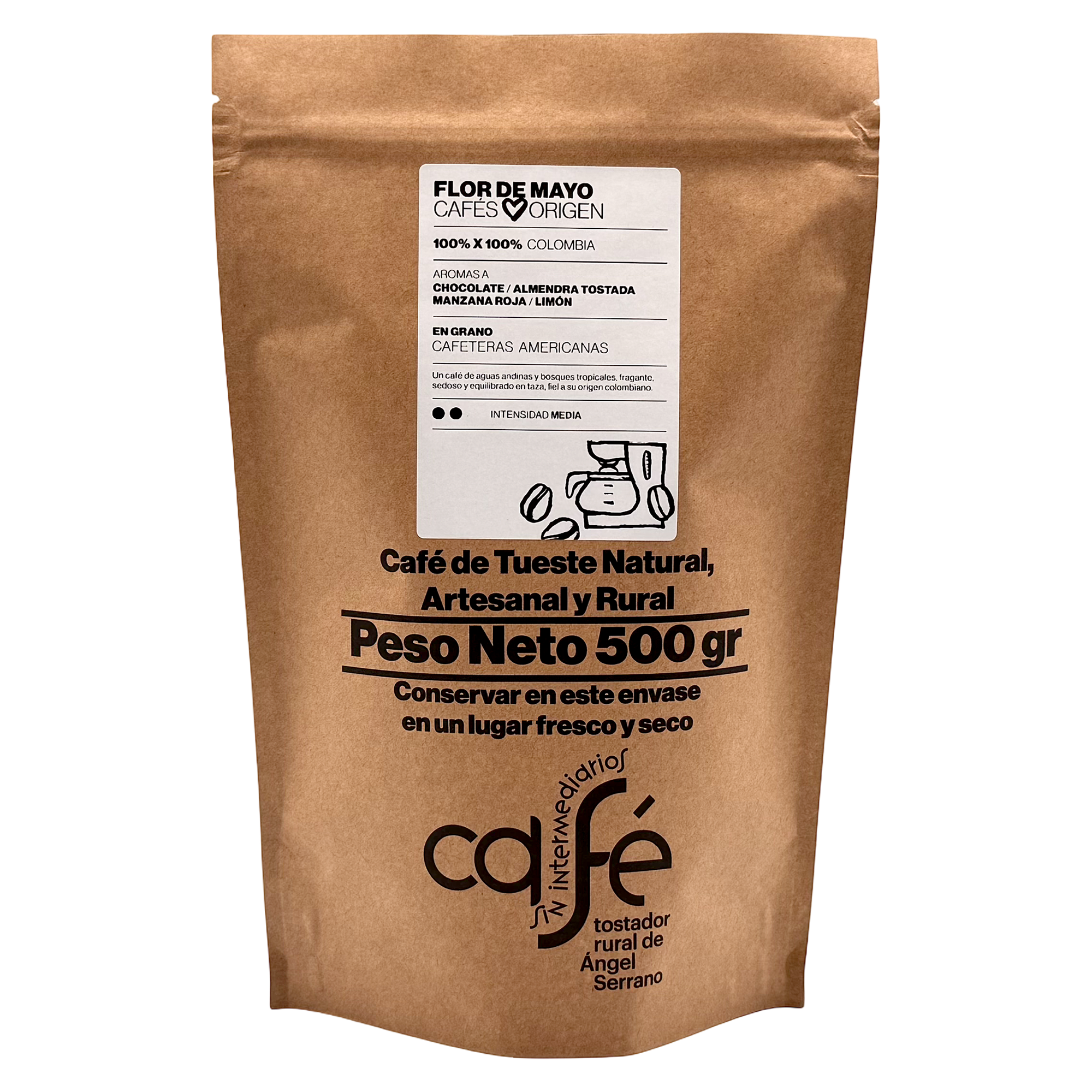 CAFÉ SIN INTERMEDIARIOS - 100% Colombia - Flor de Mayo - Ideal para tomar solo - Intensidad de sabor Media - Recién tostado y envasado - 500 g Grano o Molido (Exprés, Filtro, Italiana, Americana, Superautomática)