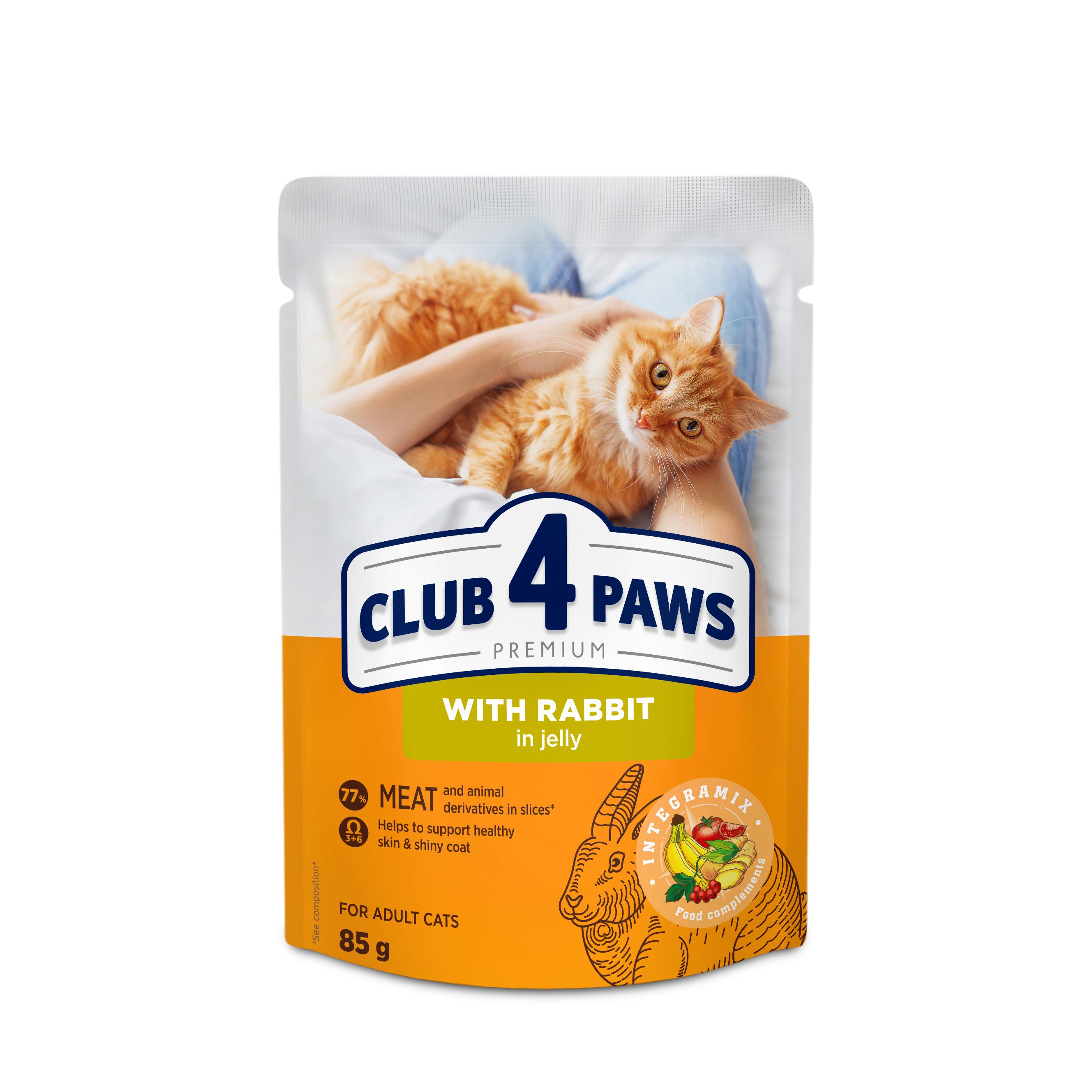 Comida húmeda completa para gatos adultos CLUB 4 PAWS PREMIUM-Conejo en gelatina PACK 24*85gr
