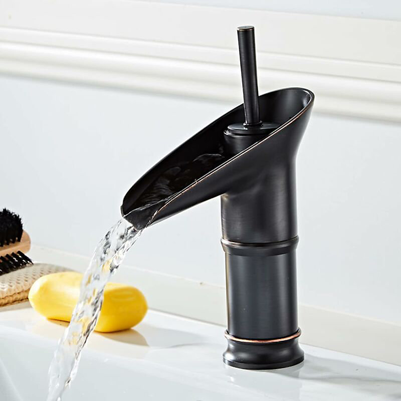 CA Grifo de baño negro tipo cascada, mezclador monomando para lavabo, estilo retro, color negro