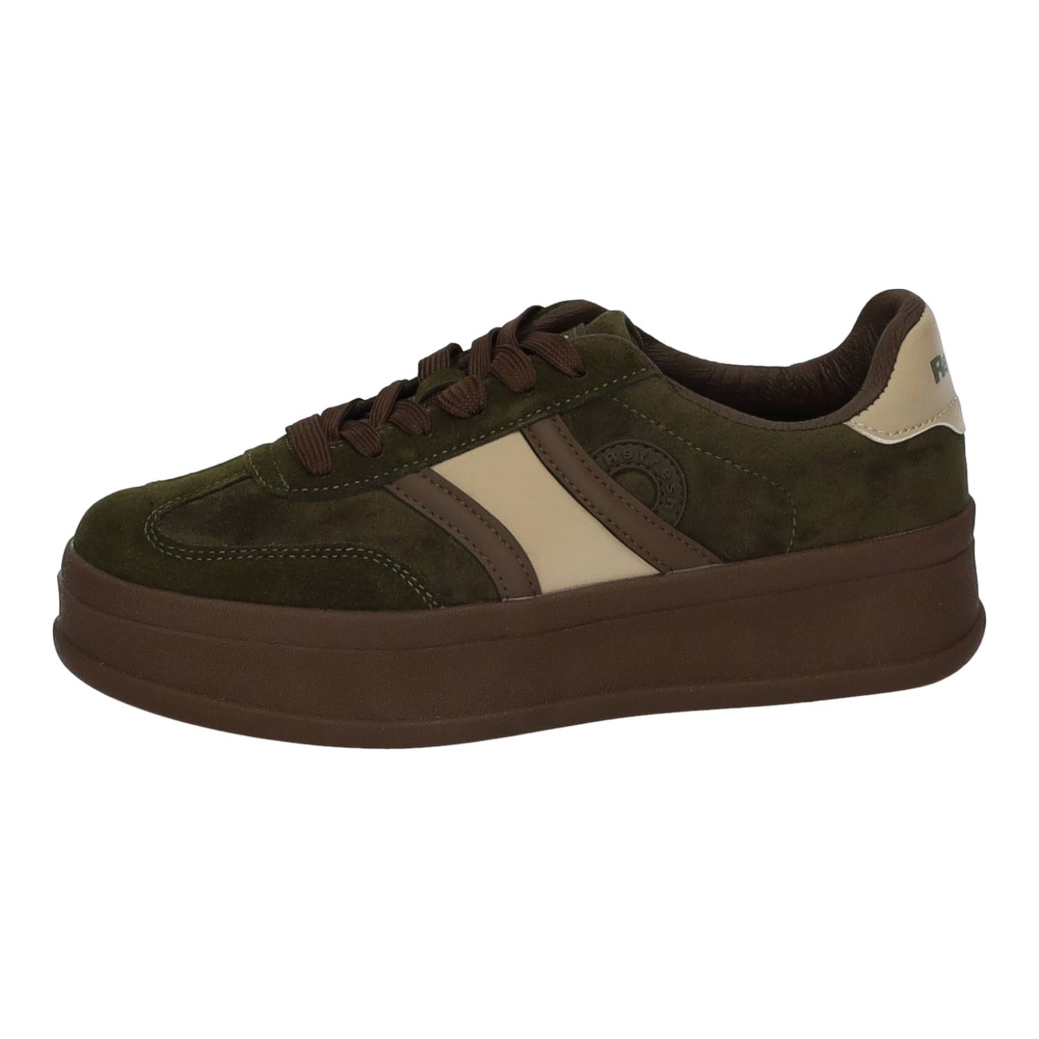 Zapatillas marca REFRESH para mujer en color kaki. Sneakers  Casual Veganas con Cordones, Antelina, Plataforma de Goma Marrón y Diseño Retro