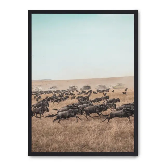 Lámina con marco negro WILDEBEEST STAMPEDE 21x30 cm, Póster impreso en papel de primera calidad de 180gr, montado sobre marco de madera MDF acabado en negro., Naturaleza - Safari