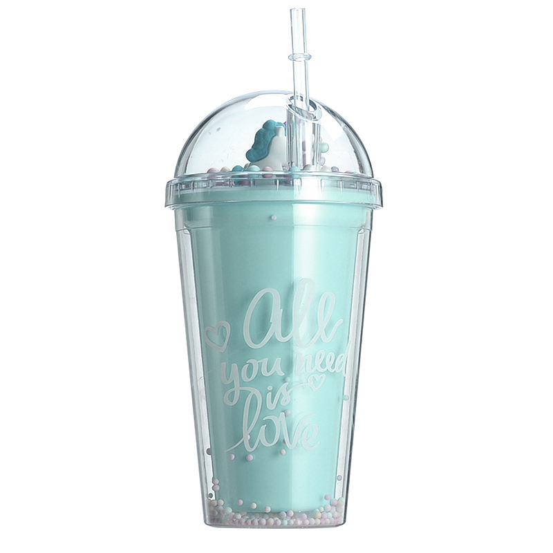 Vaso Doble Capa con Tapa Enroscable y Pajita plasticas reutilizable libre para bebidas Batidos de plástico, Bebidas heladas y frías, vaso decorado, vaso con pajita,