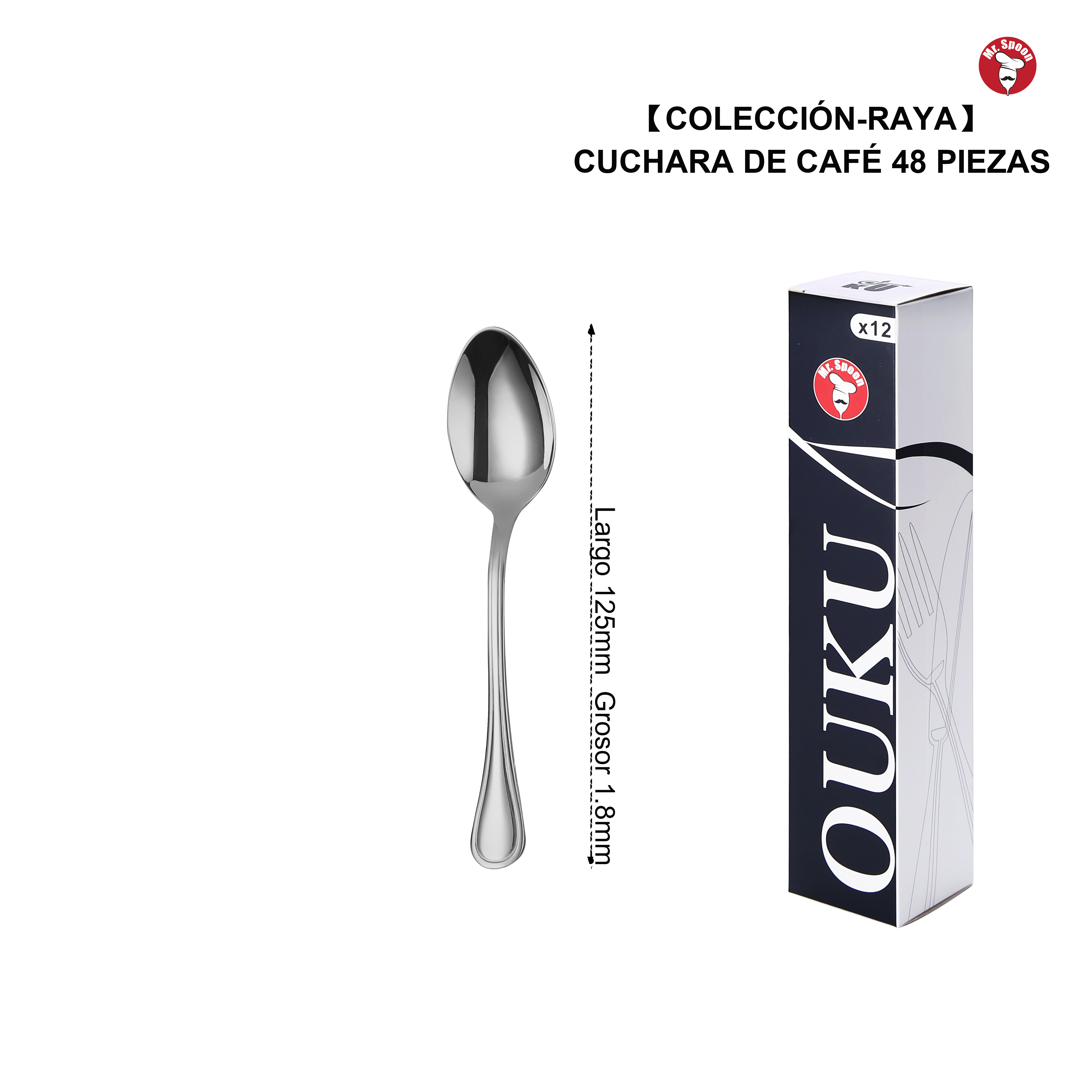 Cuchara de Café Clásica Profesional Mr.Spoon Serie Raya 125mm Acero Inoxidable 18/0 Plateada, Ideal para Café y Espresso, Apta para Lavavajillas, Uso Hostelería Restaurante Hotel, Venta Mayorista