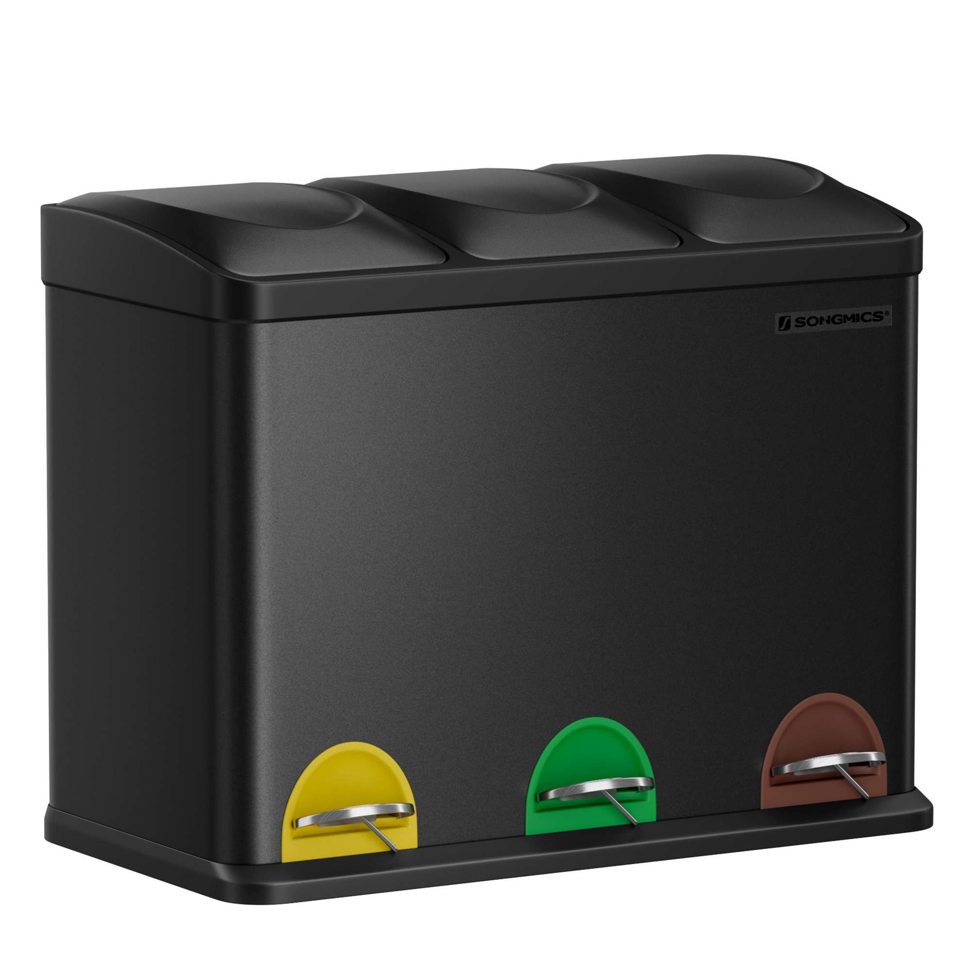 SONGMICS Cubo Triple para Cocina, Cubo Basura de Reciclaje, Pedal, Cubo de Basura de Metal 45 L, Sistema de Separación de Residuos Cubo para Cocina, 3 x 15 L, con Tapa, Acero, Plata/Blanco/Negro/Gris Verdoso