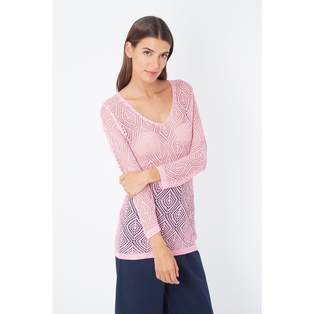 Jersey de algodón calado con cuello pico y manga larga. Ligero, transpirable y versátil para looks cómodos y elegantes en Banbat. REF: 6642