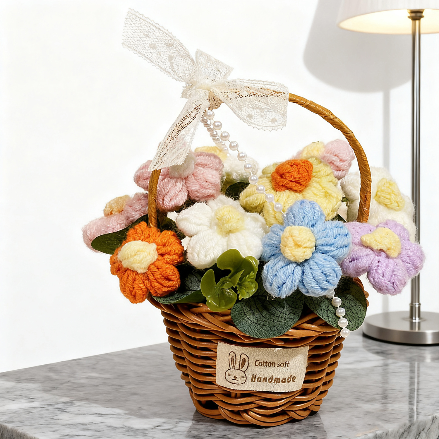 TK 1pc Flores De Crochet Hechas a Mano Bouquet En Canasta De Margarita Decoración Para El Hogar Para Día De La Madre Navidad Agradecimiento Escritorio