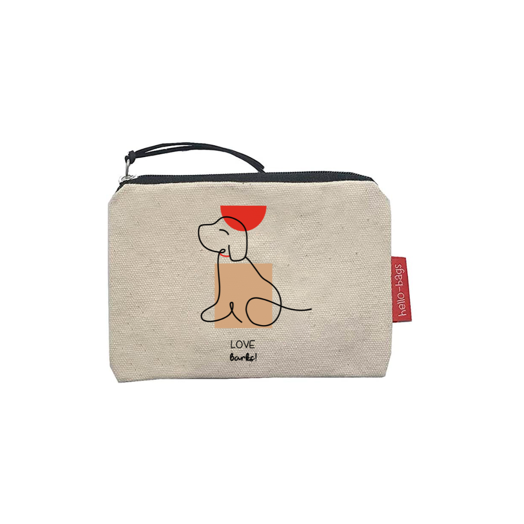 Hello-Bags. Bolso Monedero / Billetero / Tarjetero con cremallera y forro interior. Exterior: Algodón 100%. Incluye sobre kraft de regalo. Modelo: "LOVEBARKS". Crudo / Negro. 14x10 cm.