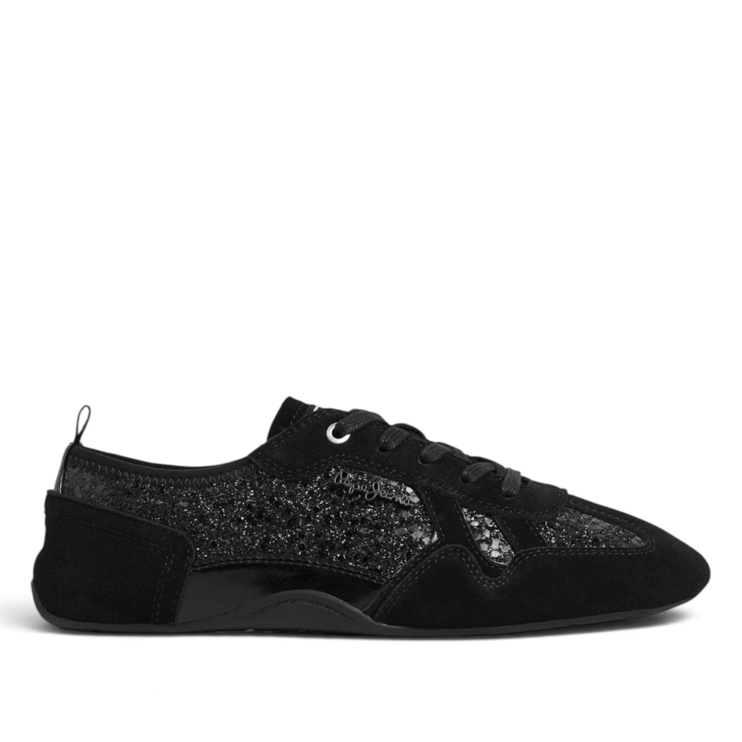 Zapatillas Pepe Jeans Noa de mujer negras con glitter y detalles de ante