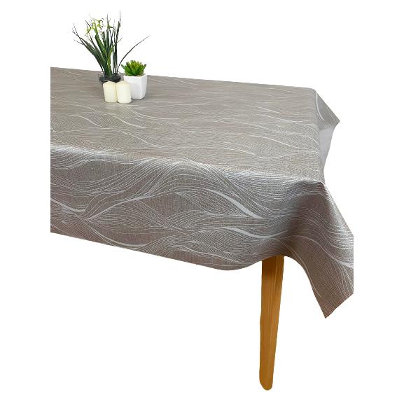 Mantel Hulehule Tex - PVC Estampado con Líneas Ondulares Blancas Sobre Fondo Beige Antimanchas Impermeable - Anzio