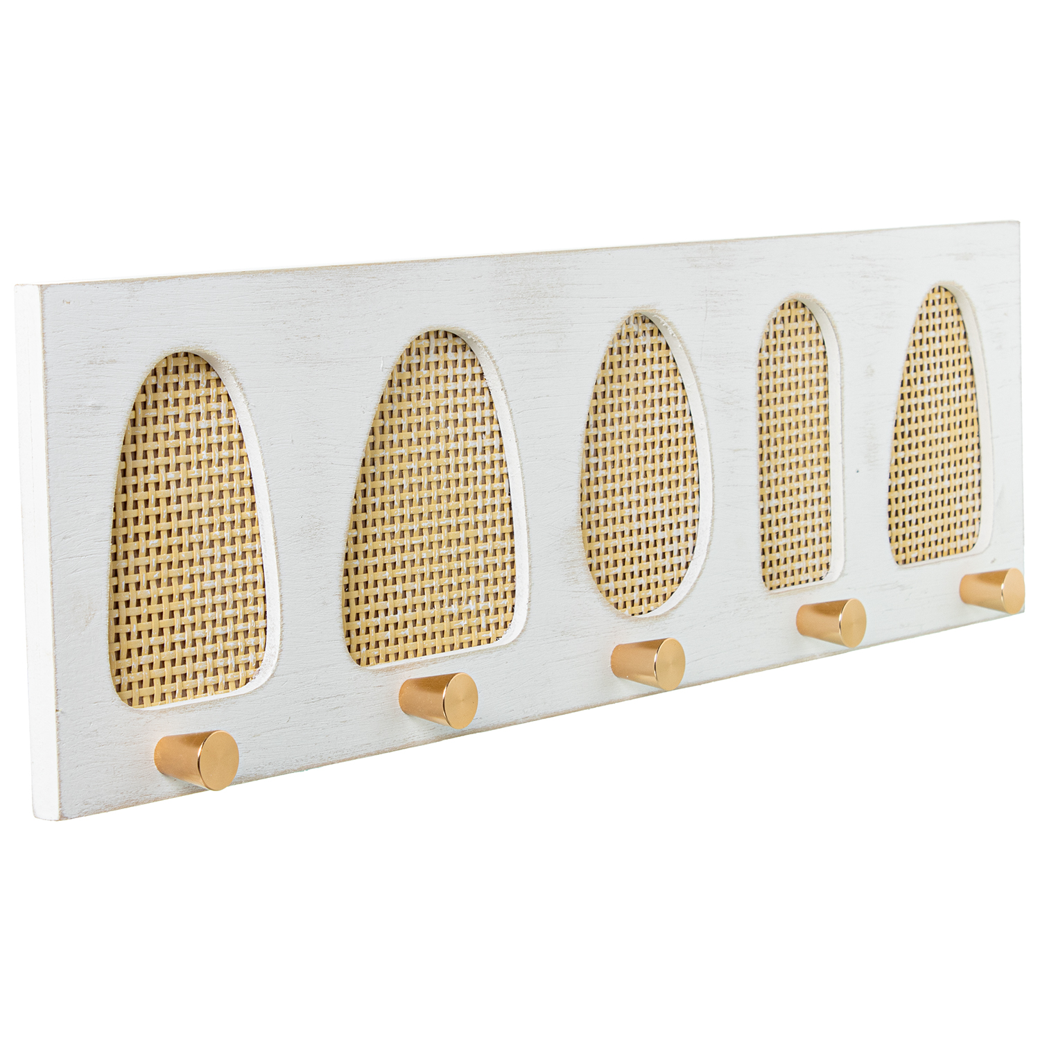 Perchero pared madera, ratan con 5 ganchos metal dorado 60x4x17cm