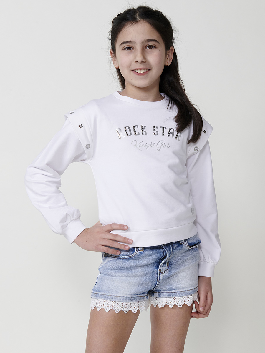 Koroshi - Sudadera niña cuello redondo con tachuelas plateadas, felpa fina elástica (95% algodón, 5% elastano), color blanco, talla por edad (4-10 años)