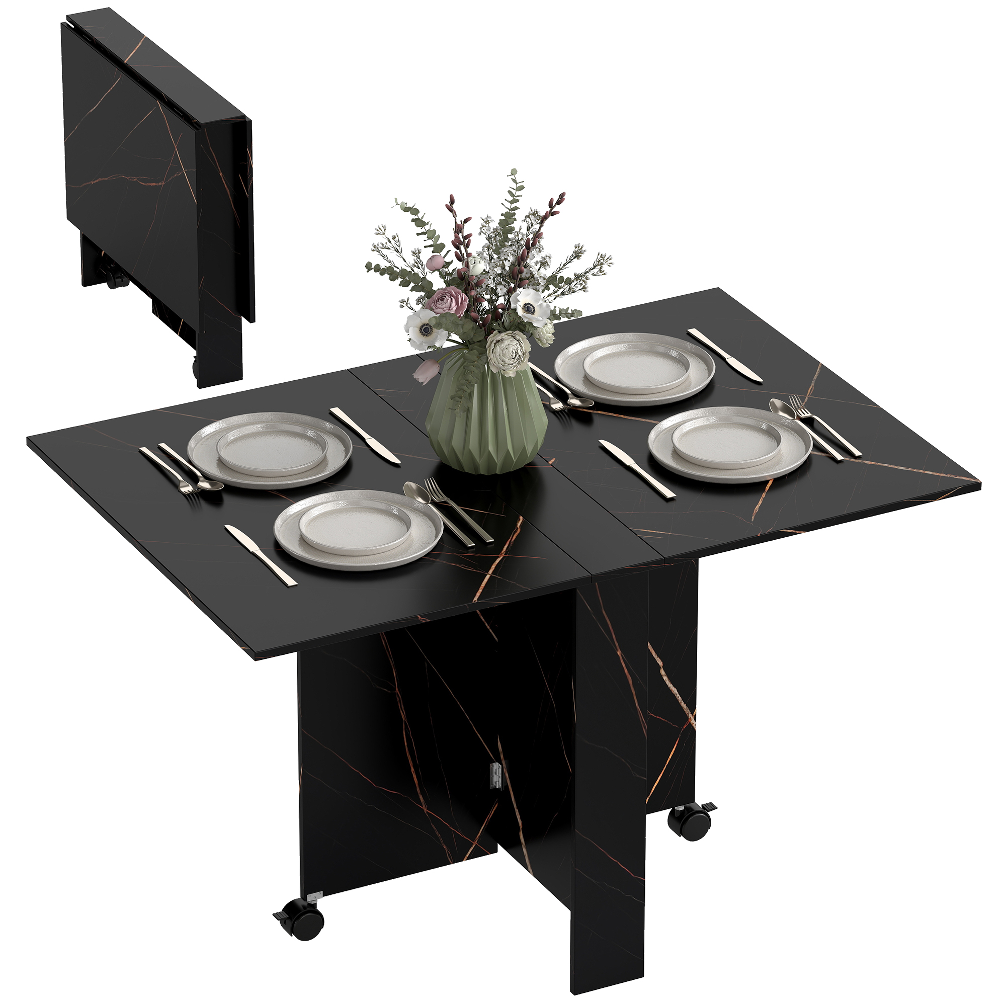 HOMCOM Mesa Plegable de Comedor, Mesa de Cocina Plegable, con Ruedas, Alas Abatibles, Hasta 6 Personas, para Salón, Espacio Pequeño, 120x80x73 cm, Negro con Efecto Mármol