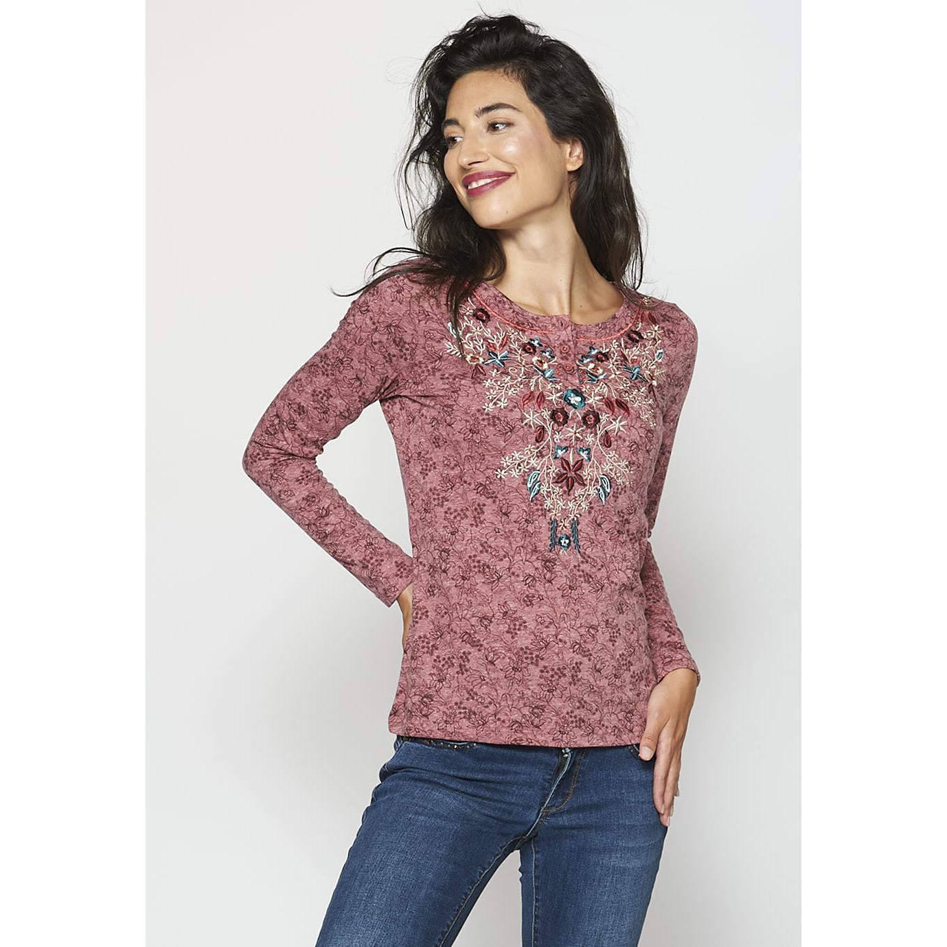 Koroshi - Camiseta manga larga bordada floral para mujer, diseño étnico-boho con escote redondo abotonado y estampado floral, negro o uva