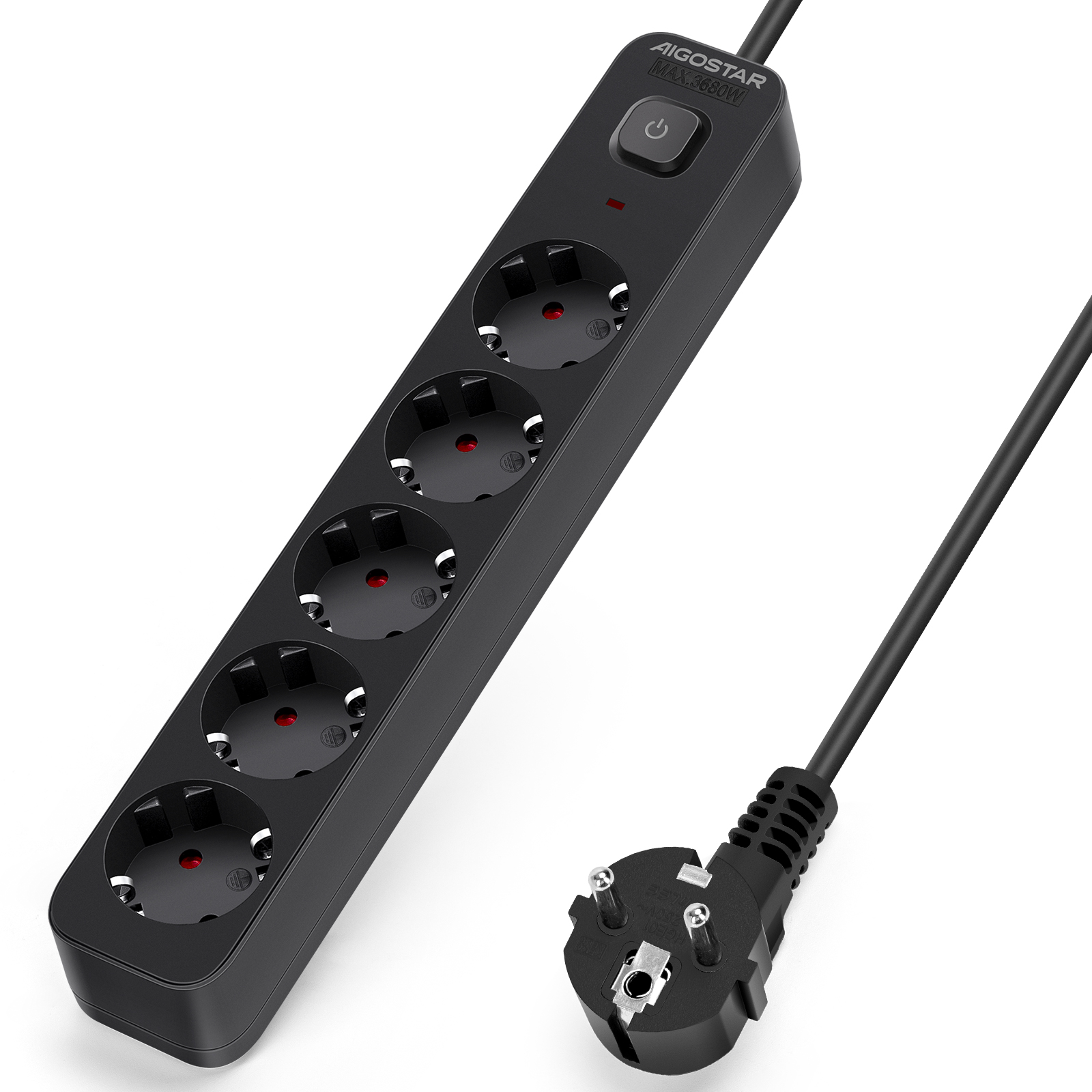 Aigostar Regleta Enchufes de 2/3/4/5/6 Enchufes, Alargador Enchufe 3/5 metros con Interruptor, Negro