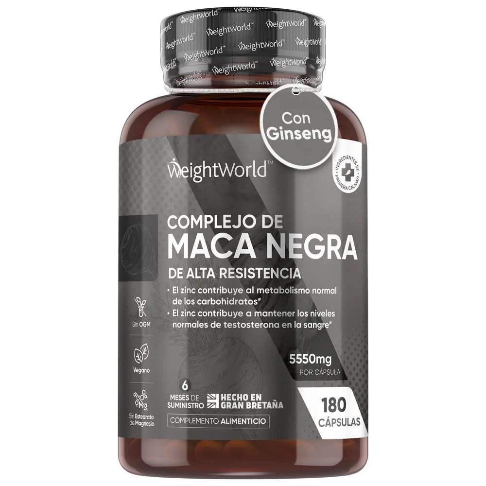 Maca Negra y Amarilla Andina Complex 5500mg de Potencia-100:1-6 Meses de Suministro, 180 Cápsulas Veganas - Con Zinc, L-Arginina, Ginseng y Pimienta Negra, Sin Estearato de Magnesio WeightWorld