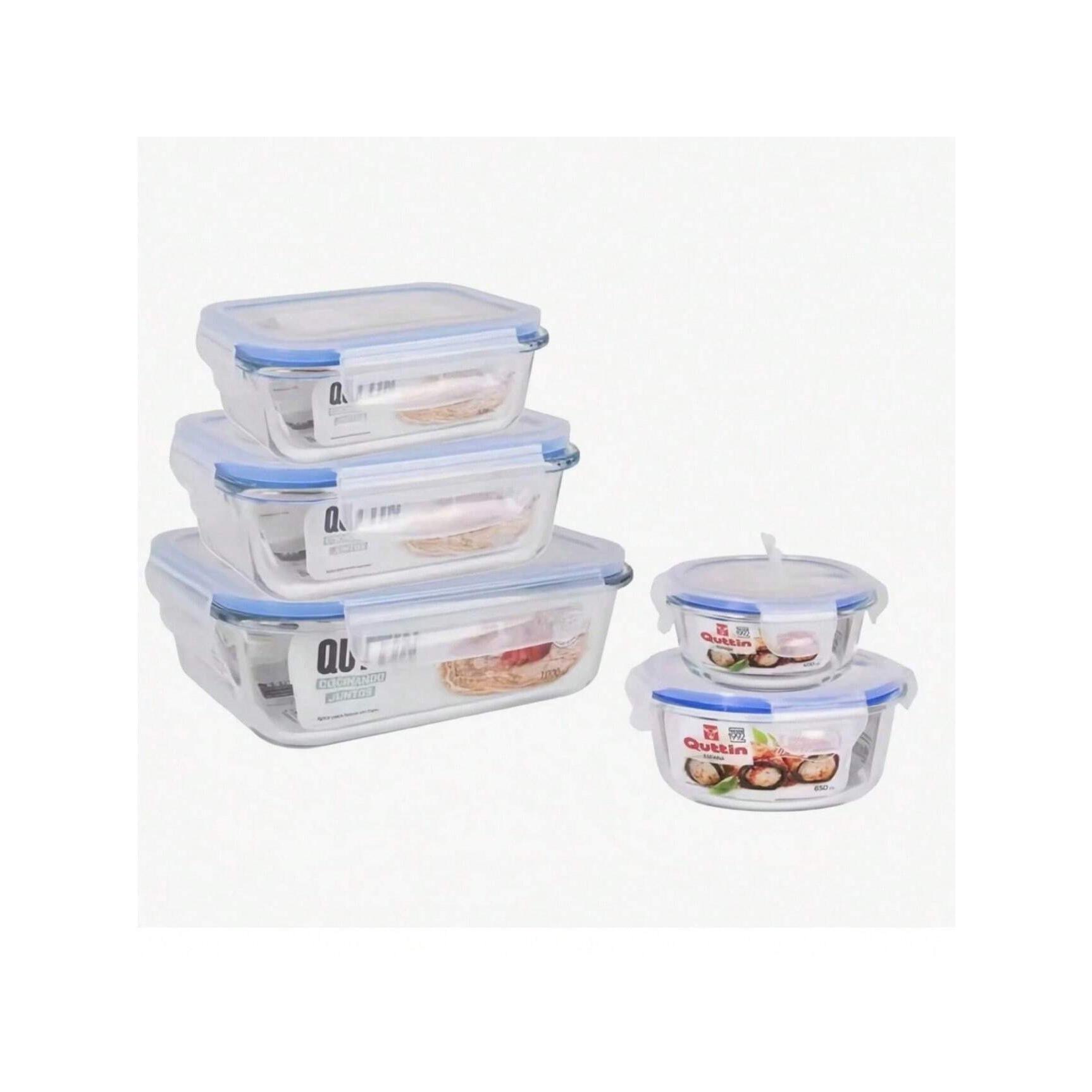 Set de 5 recipientes de vidrio con tapa hermética｜Diseño transparente de vidrio templado grueso, resistente al calor y con cierre seguro a prueba de fugas｜Apto para refrigerador, congelador, microondas (sin tapa) y lavavajillas｜Incluye contenedores rec