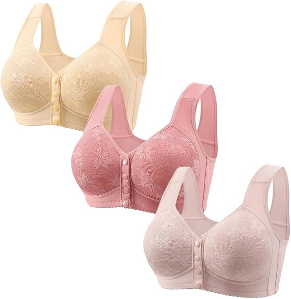 Paquete de 3 brasieres de margaritas para mujeres mayores, sin varillas, cierre frontal, brasier push up, floral, cobertura completa, sujetadores diarios para personas mayores