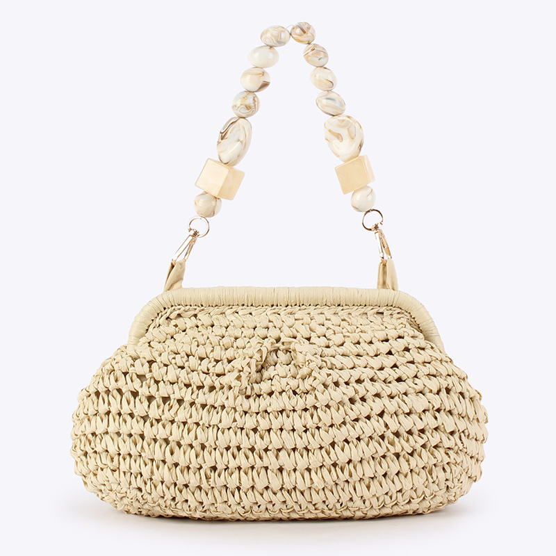 Bolso de playa de verano para mujer, bolso tejido de rafia, bolso hobo elegante con paja de media luna con cuentas, mochila bohemia