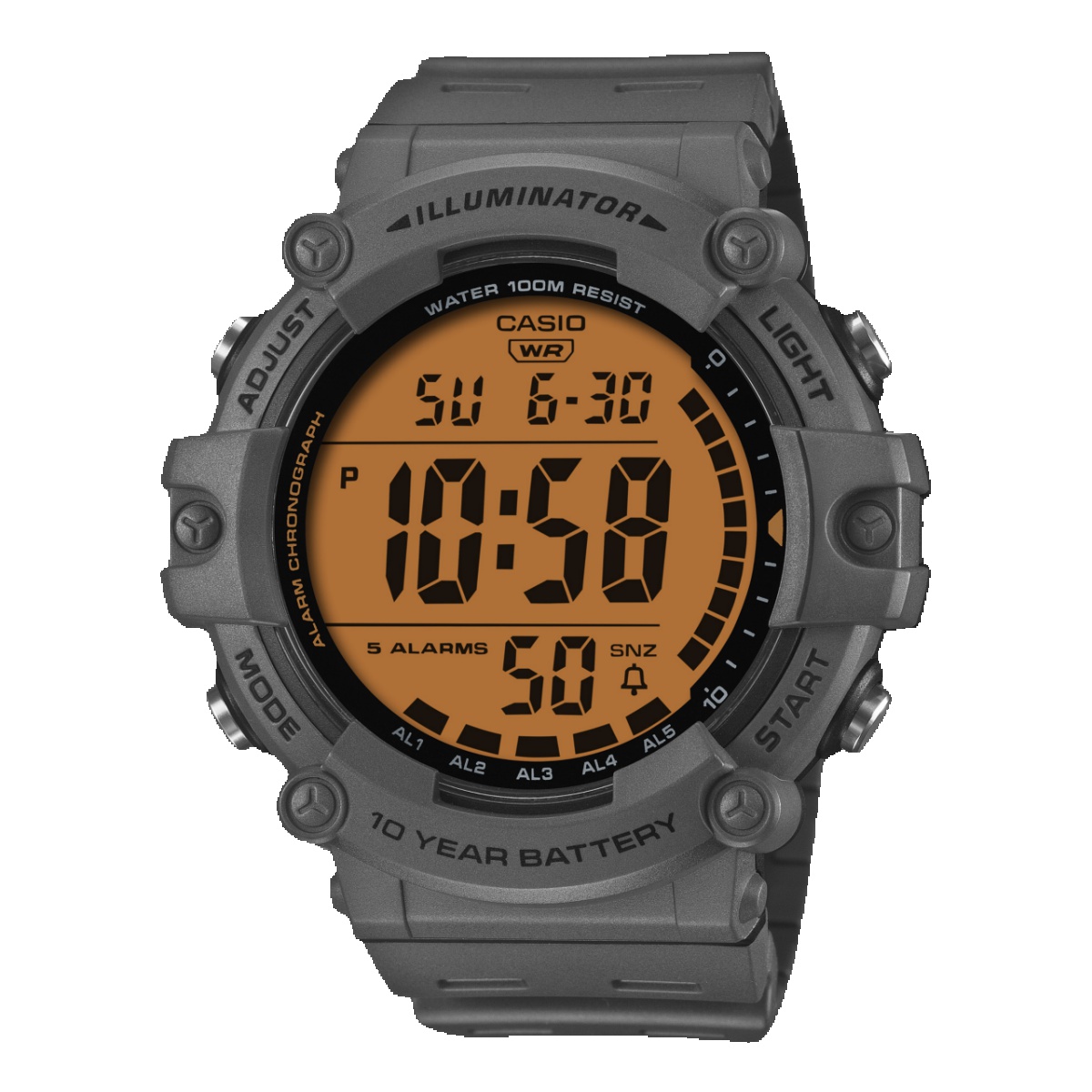 Reloj CASIO Para Hombre - Digital con Retroiluminación LED - Correa y Caja Gris Oscuro - Sumergible 100m - AE-1500WHC-8AVEF