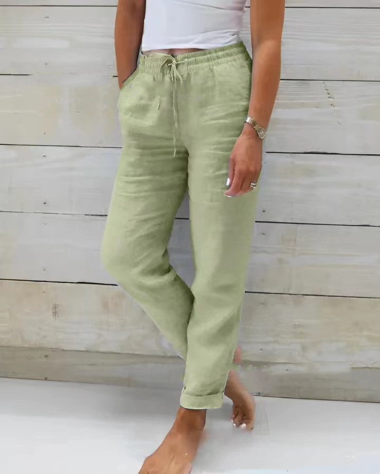 OmHom Pantalones De Verano Para Mujer Algodón Y Lino Cintura Alta Ajustables Casuales Streetwear Solido Pantalones Lánguidos Sueltos