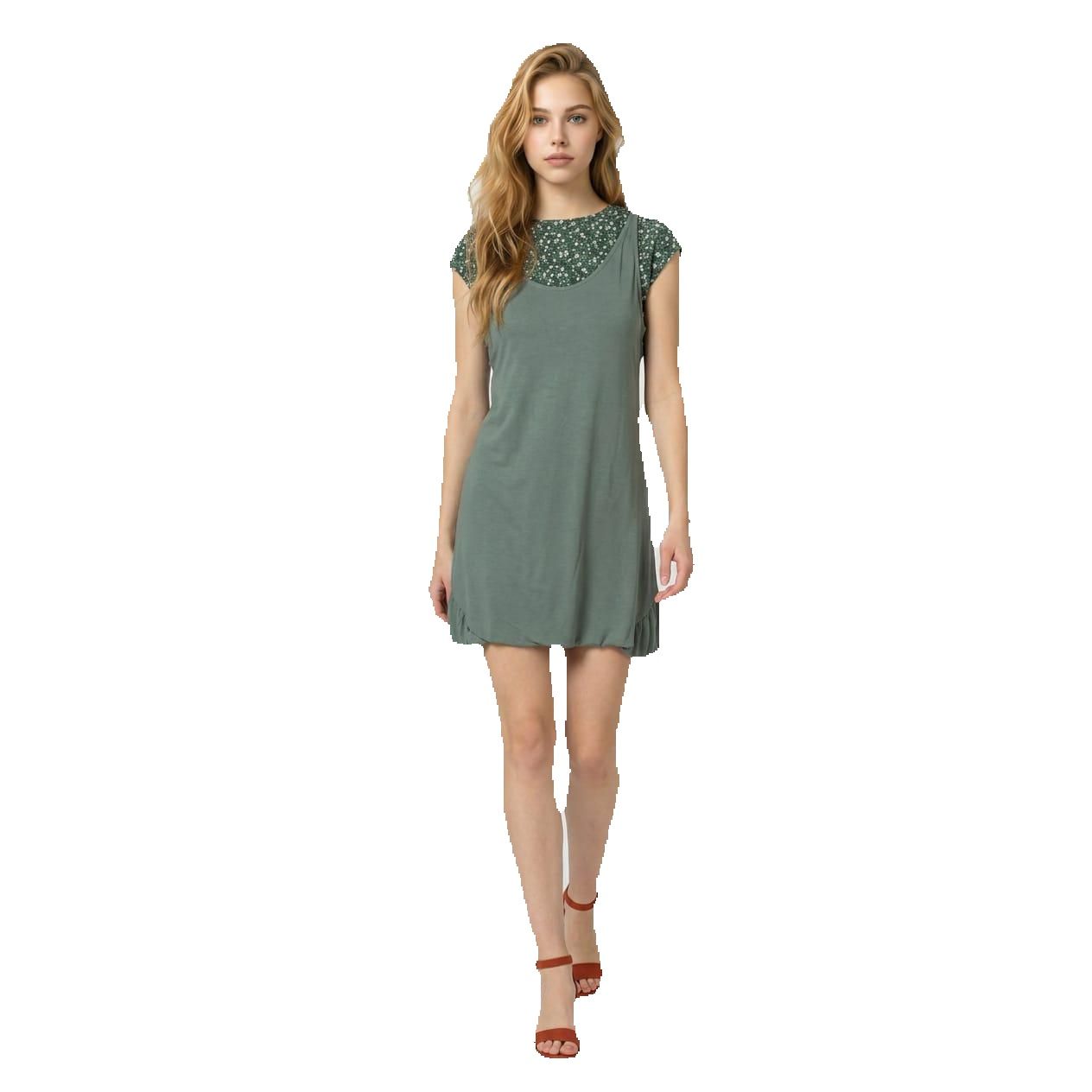 Vestido efecto dos en uno Marca BanBat para mujer de 100% viscosa con bajo globo y superposición estampada, ideal para ocasiones casuales o sofisticadas- REF: D178