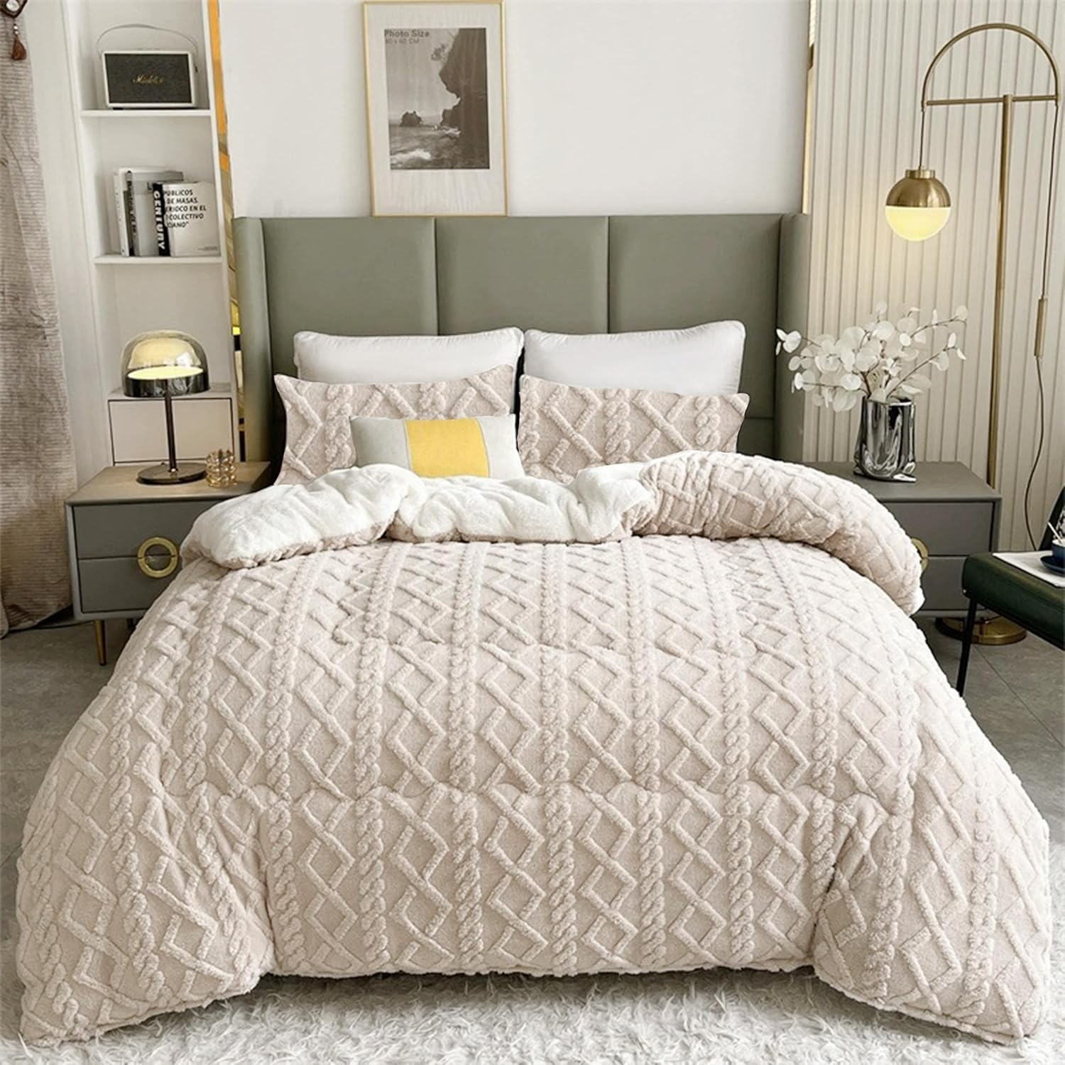 Edredón Borrego 180 x 260c m/240 x 260 cm para Cama Individual o Matrimonio con funda para almohada, Edredón Nódico Invierno Cálido y Suave con Relleno de Micro Fibra Poliéster, Edredón Reversible Franela y Sherpa