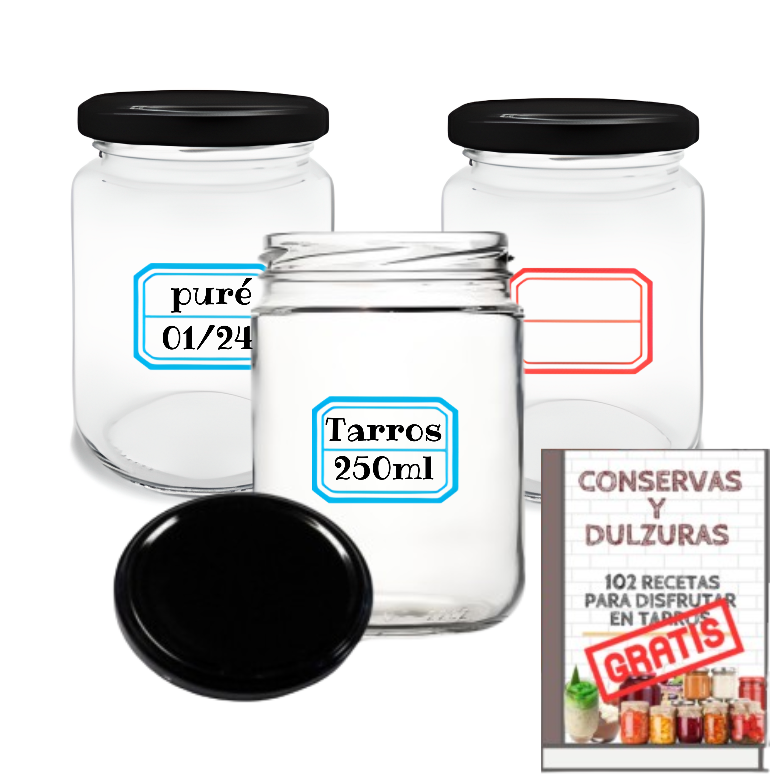 MundoTarros - 12 Tarros de Cristal de 250 ml con Tapa de metal de Rosca Hermética + Ebook de 102 Recetas - Tarritos para Postres, Mermelada, yogur, salsas - Incluye Etiquetas