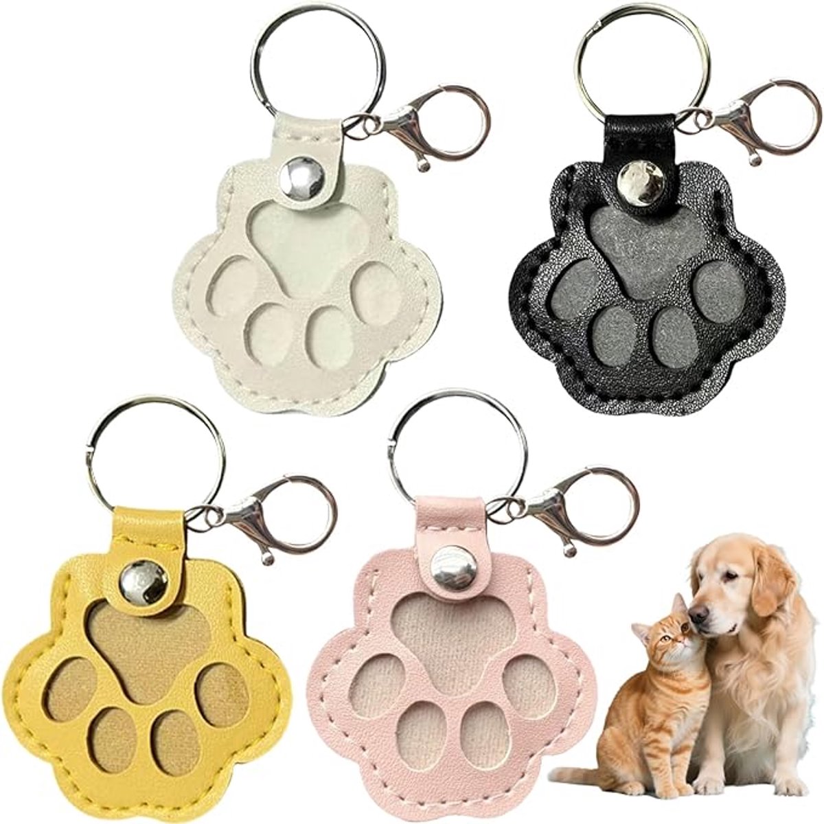 Llaveros de pelo de animal (paquete de 4) - 6 × 5,5 × 9,2 cm - Recuerdo de cuero para pelo de animal - Llavero con forma de pata - Coleccionista de pelo de animal - Coleccionista de pelo de animal para amantes de los animales - 4 colores