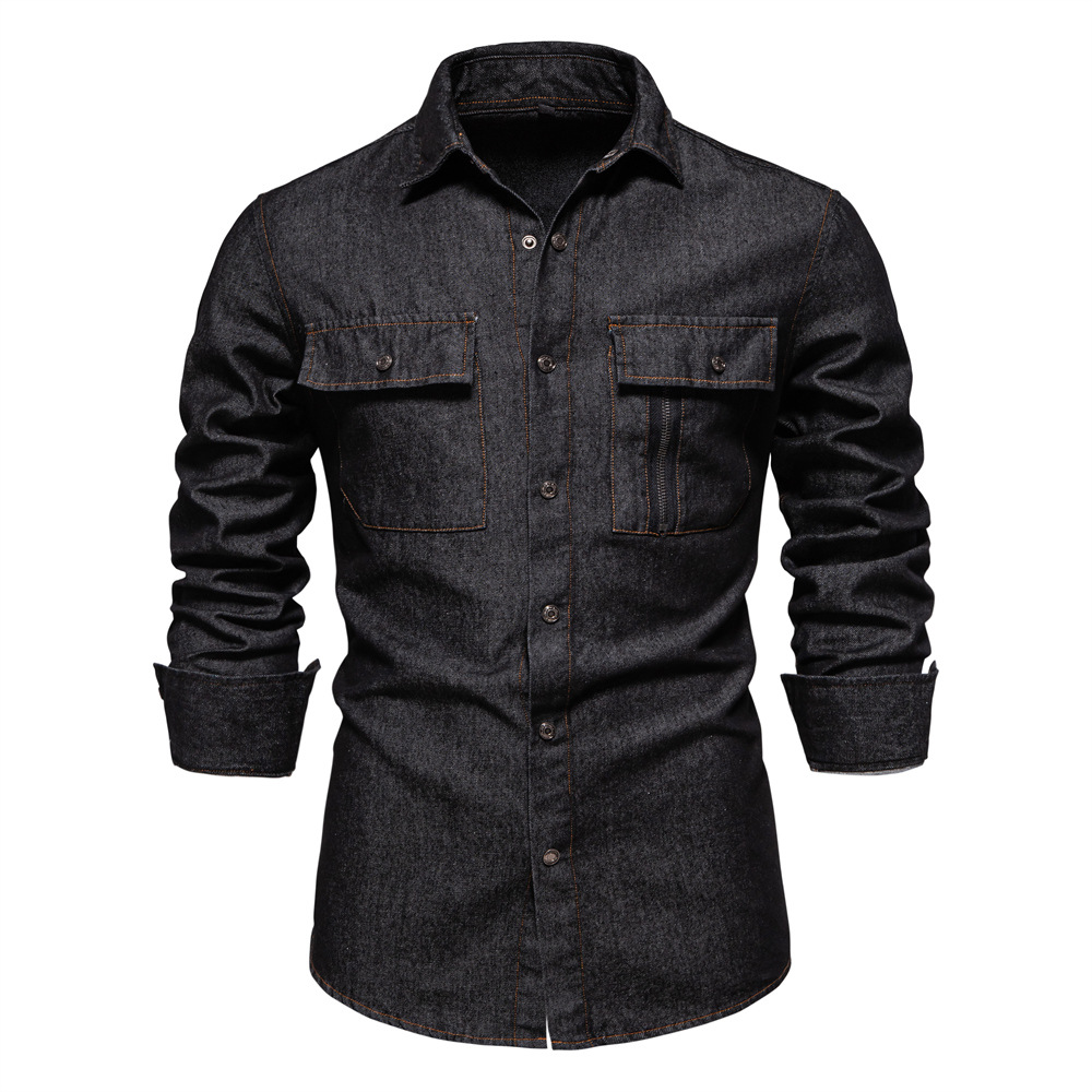 TK Camisa vaquera de otoño para hombre, camisa informal de manga larga de algodón lavado de color liso
