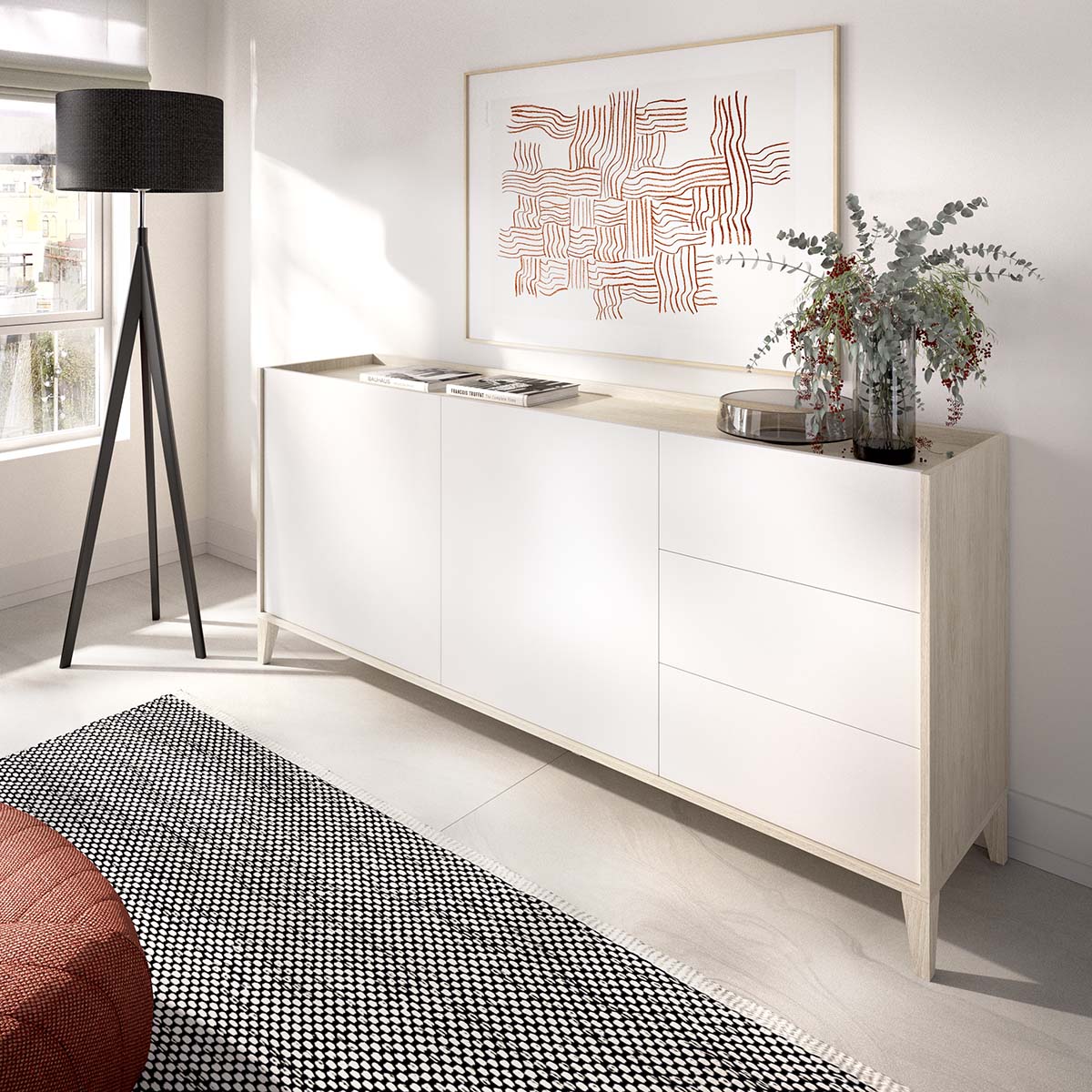 Aparador 2 puertas 3 cajones Bari - Blanco/Roble Natural - Ancho 150 cm - Homekit