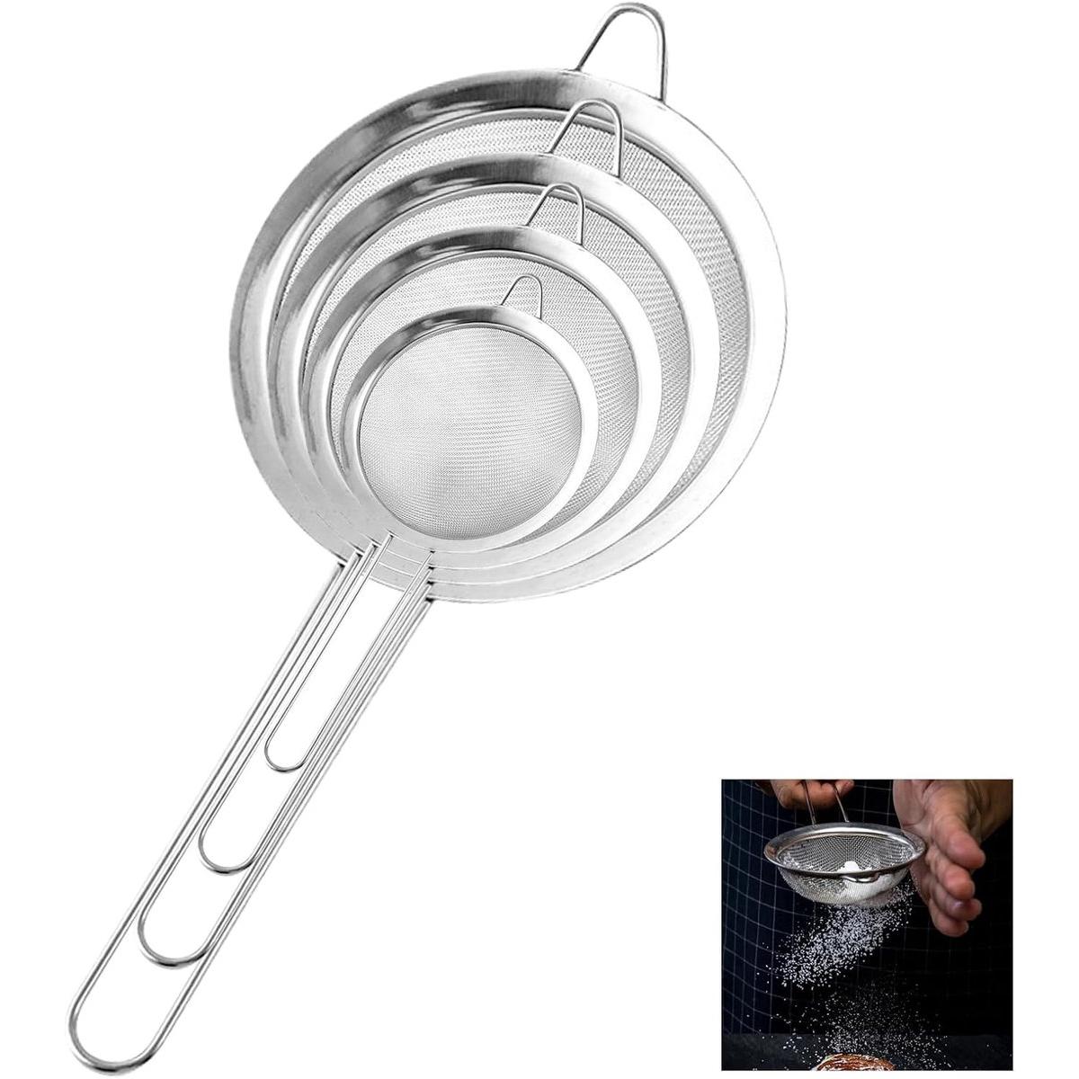 Juego de coladores de acero inoxidable de primera calidad - 4 piezas - colador pequeño de cocina - tamiz - diámetros 7 cm, 10 cm, 14 cm, 18 cm