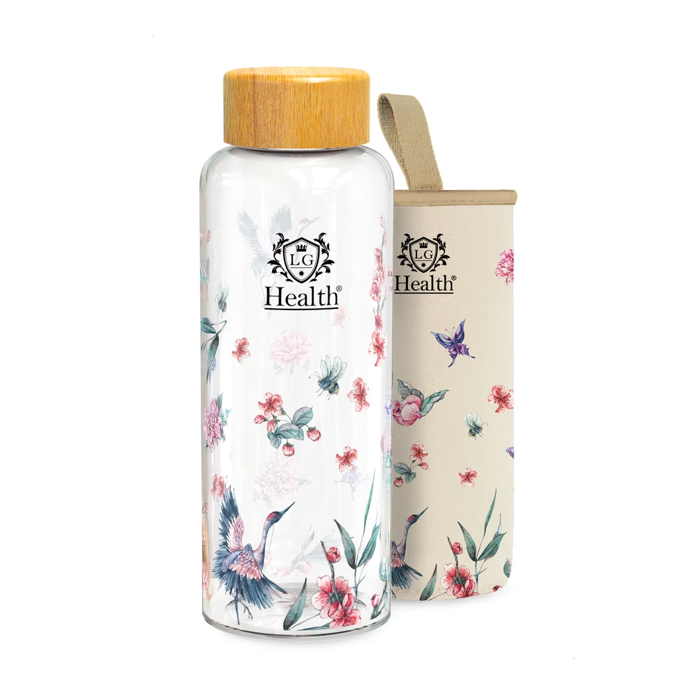 LG Luxury & Grace Botella de Agua de Cristal 450 ml. Botella de Cristal Reutilizable con Tapón de Bambú. Botella de Vidrio con Funda de Neopreno Antideslizante. Diseño Ligero & Sin BPA.