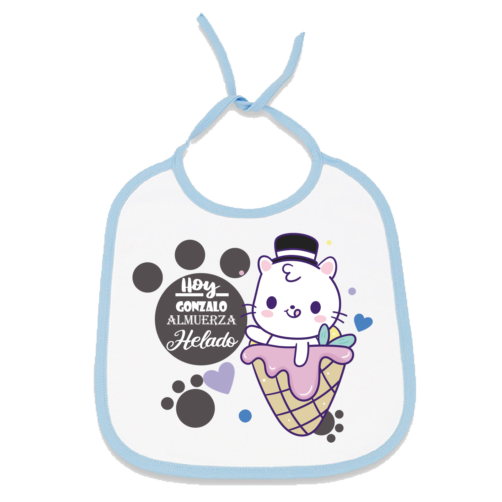 Babero personalizado gato almuerza helado con el nombre de tu bebé. Regalo original personalizado para tu bebé. Medidas 24 x 29 cm.
