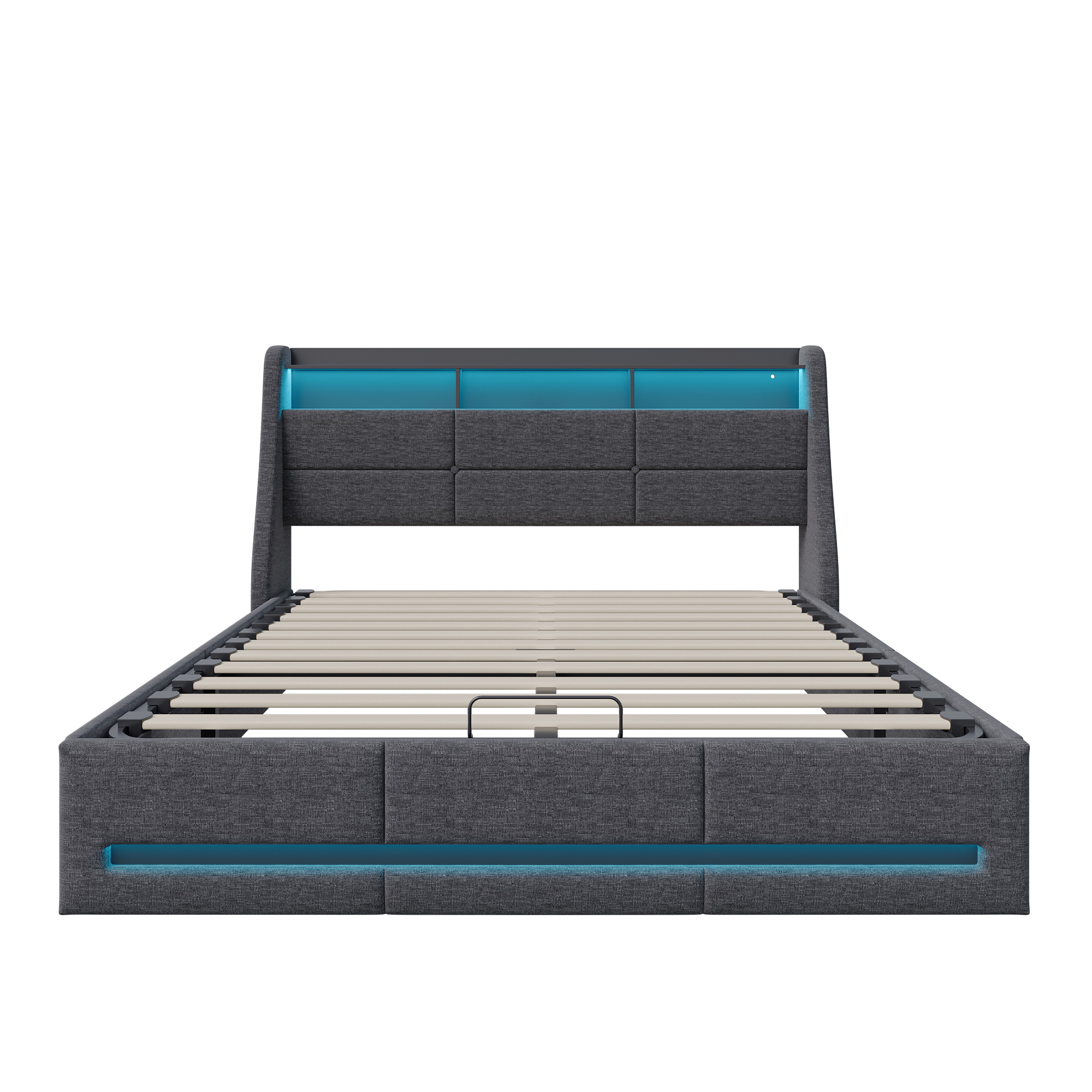Superaly Gray Bed Frame with LED Lighting and USB Charging Station, 140x190cm/140x200cm/160x200cm, Headboard with Storage Compartment, Wooden Bed Board, Linen Fabric, For Living Room