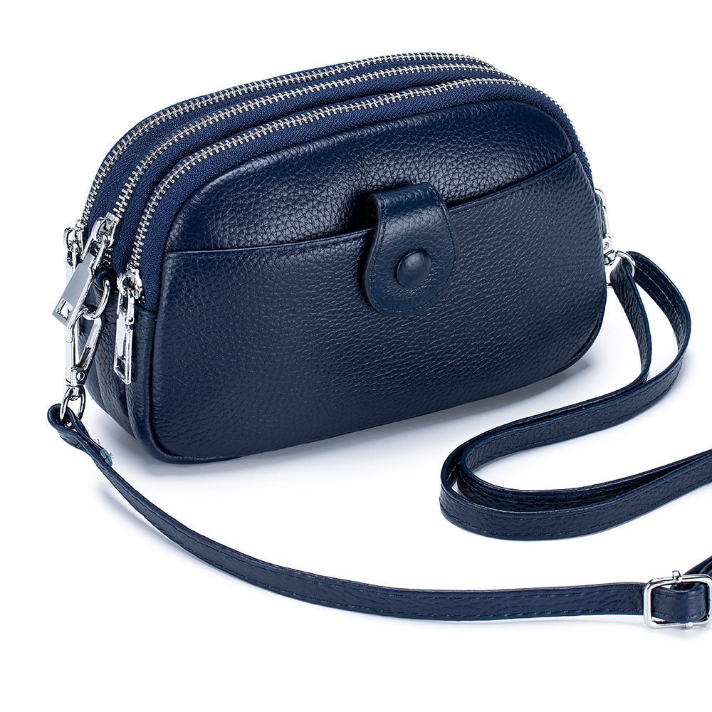 Bolso bandolera pequeño de piel auténtica para mujer, 3 compartimentos con cremallera, 1 bolsillo frontal
