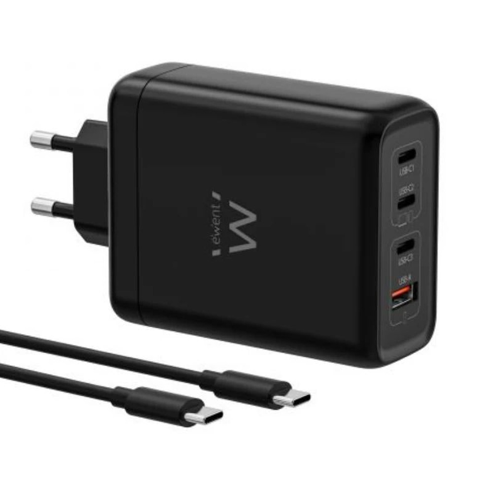 EWENT - Cargador USB 140 W GaN rápido de 4 puertos (3×USB-C PD 3.1 + 1×USB-A QC) con cable USB-C a USB-C de 2 m, modelo EW1337