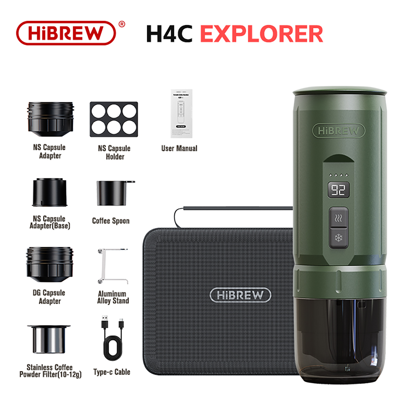 HiBREW H4C EXPLORER, Portable Coffee Machine, Detachable Battery, Multiple Capsule Compatibility, AdjustableTemperature (85~95°C), Programmable Brew Time, 20-BarHigh Pressure, 100mL Water Tank, with Aluminum Alloy Stand