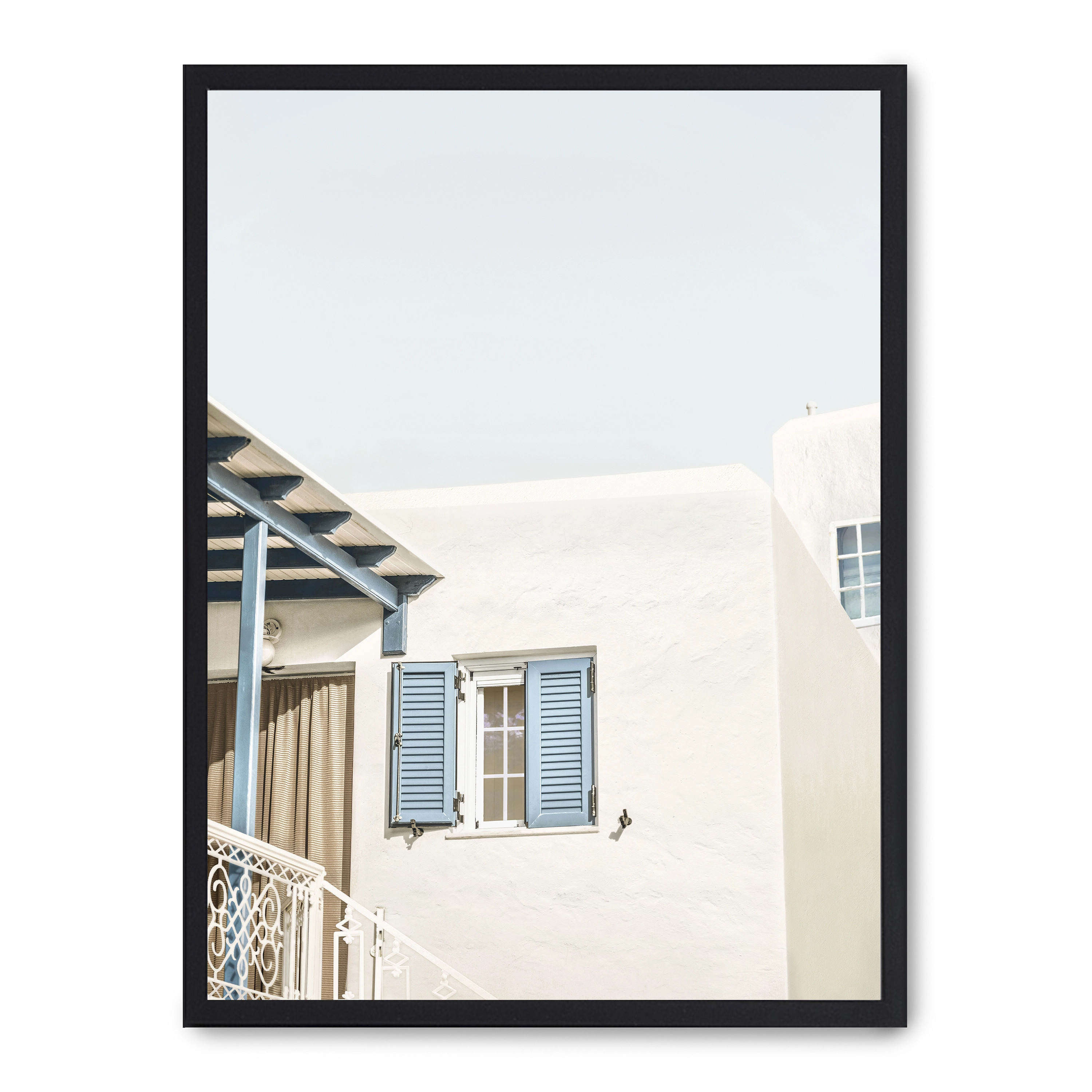 Lámina con marco negro BLUE TERRACE 21x30 cm, Póster impreso en papel de primera calidad de 180gr, montado sobre marco de madera MDF acabado en negro., Arquitectura