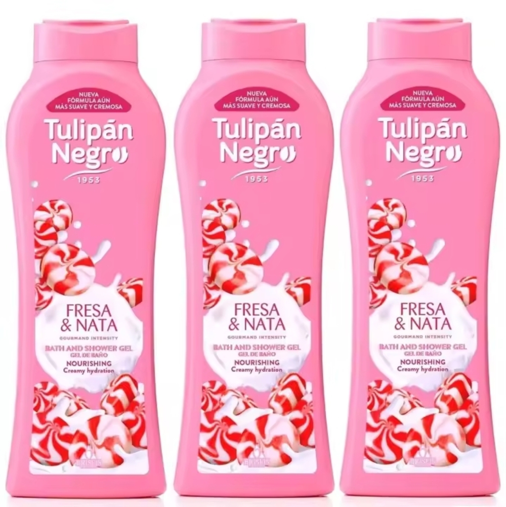 TULIPÁN NEGRO Gel de baño Fresa y Nata botella PACK 3X650 ml - 3 Unidades Briseis S.A.