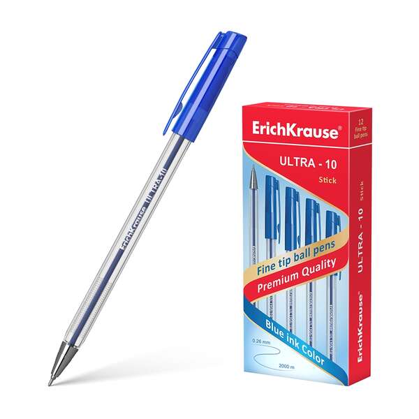 Erichkrause boligrafo ultra-10 - punta metalica de tipo aguja - cuerpo hexagonal transparente - tinta de baja viscosidad - color azul (12 uds)