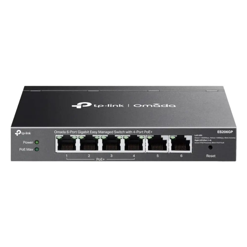 Tp-Link - Switch gestionado ES206GP de 6 puertos Gigabit con PoE+ (802.3af/at), montaje en pared o escritorio, 65 W, QoS y gestión centralizada Omada