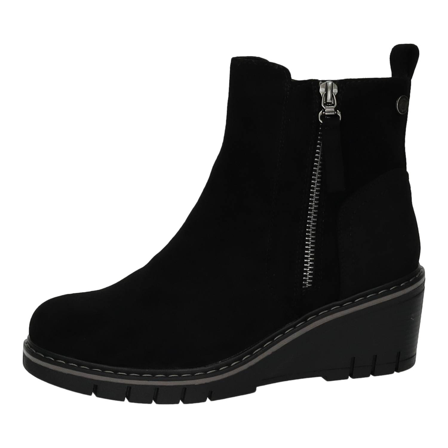 Botines marca REFRESH para mujer en color negro. Calzado con con Cuña, Antelina Suave, Doble Cremallera, Suela Dentada, Plantilla Extraíble, Producto Vegano