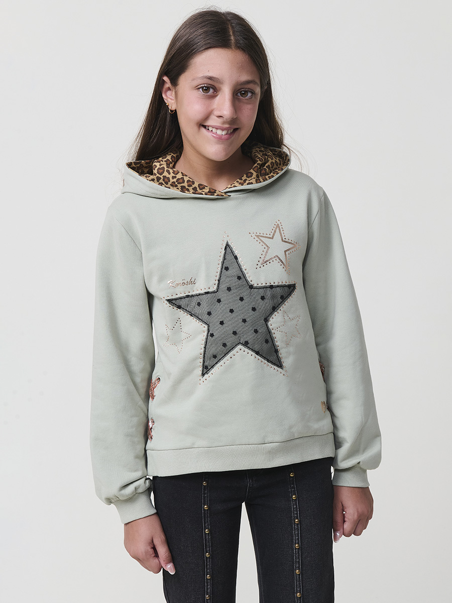 Koroshi - Sudadera de niña con capucha forrada en estampado animal print, felpa de algodón interior perchado color kaki para otoño e invierno