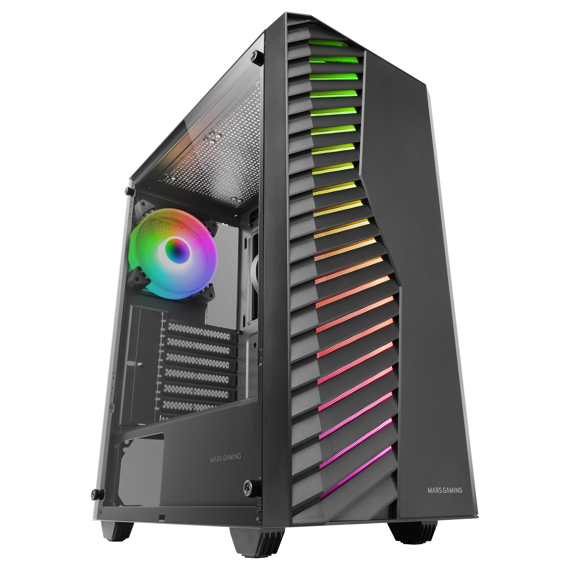 MARSGAMING MC-VOLT, Caja Gaming ATX, Ventilador ARGB 120mm, Rejilla Frontal ARGB, Ventana Lateral Completa Cristal Templado, Gestión de Cableado, Semitorre PC con Soporte Refrigeración Líquida, Negro o Blanco