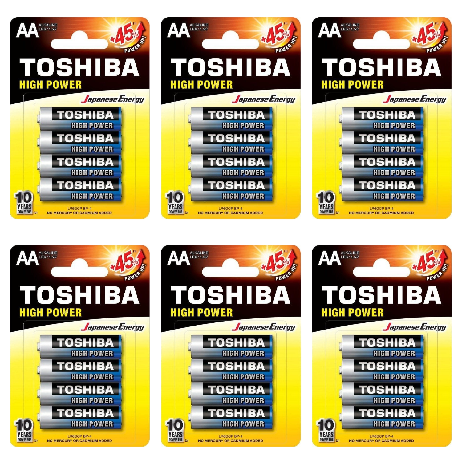 Toshiba - Pack de Pilas Alcalinas AA High Power LR6 1.5V, Alto Rendimiento y Vida Útil Más Larga, Energía Japonesa, Completamente Cargadas y Listas para usar, Ideal para Juguetes, Productos Electrónicos y más