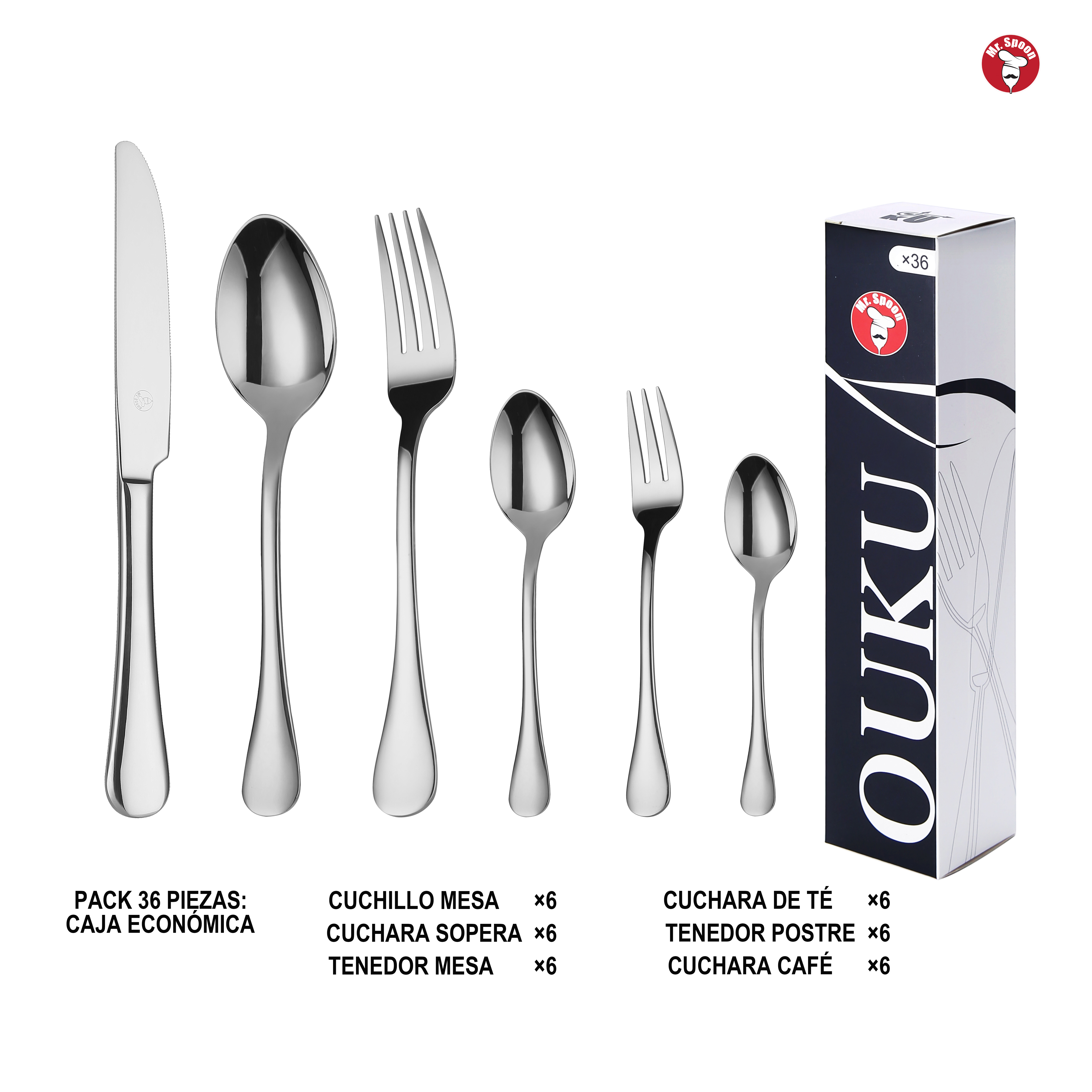 Mr.Spoon Serie Liso Juego 20, 30 o 36 piezas cubiertos,Acero Inoxidable 18/0,Plateado,Económico y funcional,Incluye cuchillo carne o mesa,tenedor,cuchara,cucharilla,etc.Mango monobloque,Apto para lavavajillas,Empaque ecológico,Para casa,hotel,restaurante